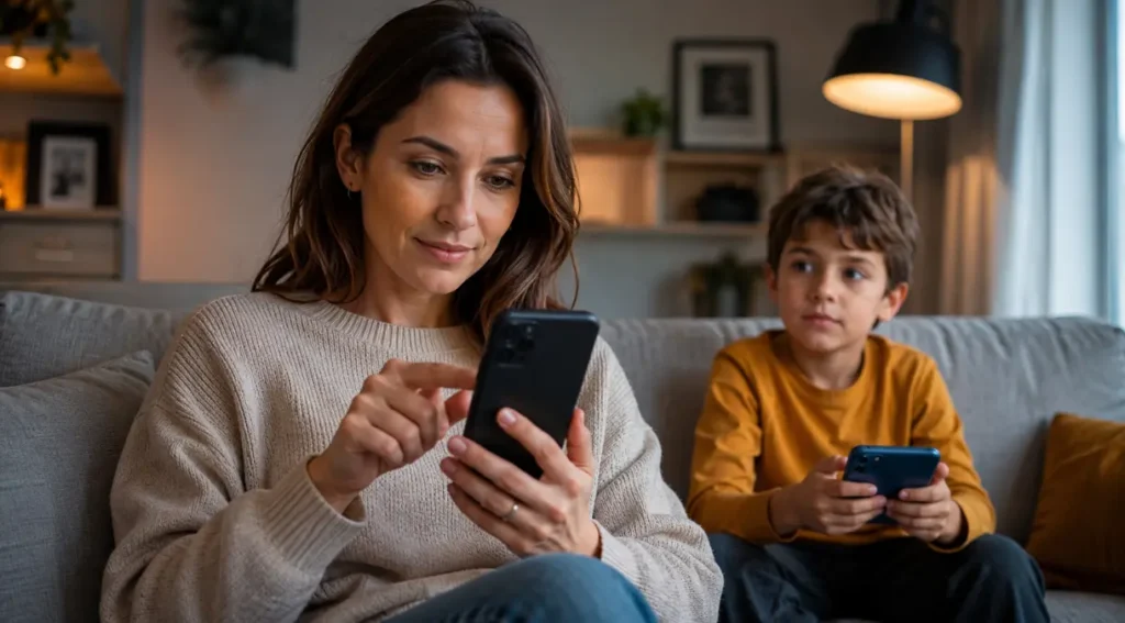 mãe configurando controle parental family link celular filho