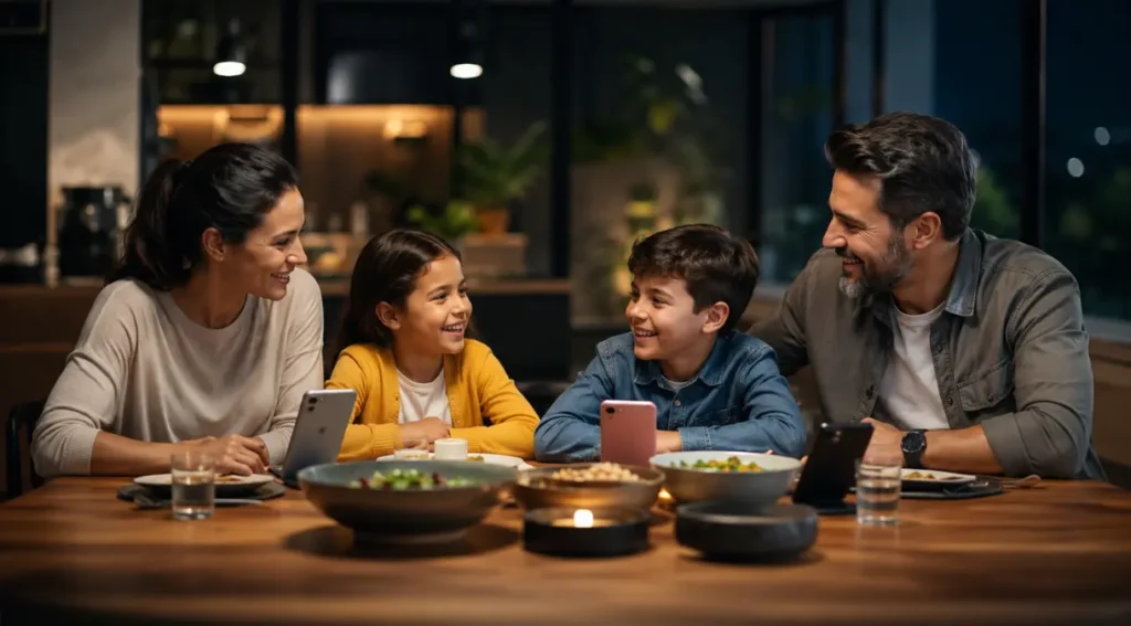 família sem celular mesa de jantar uso saudável tecnologia crianças