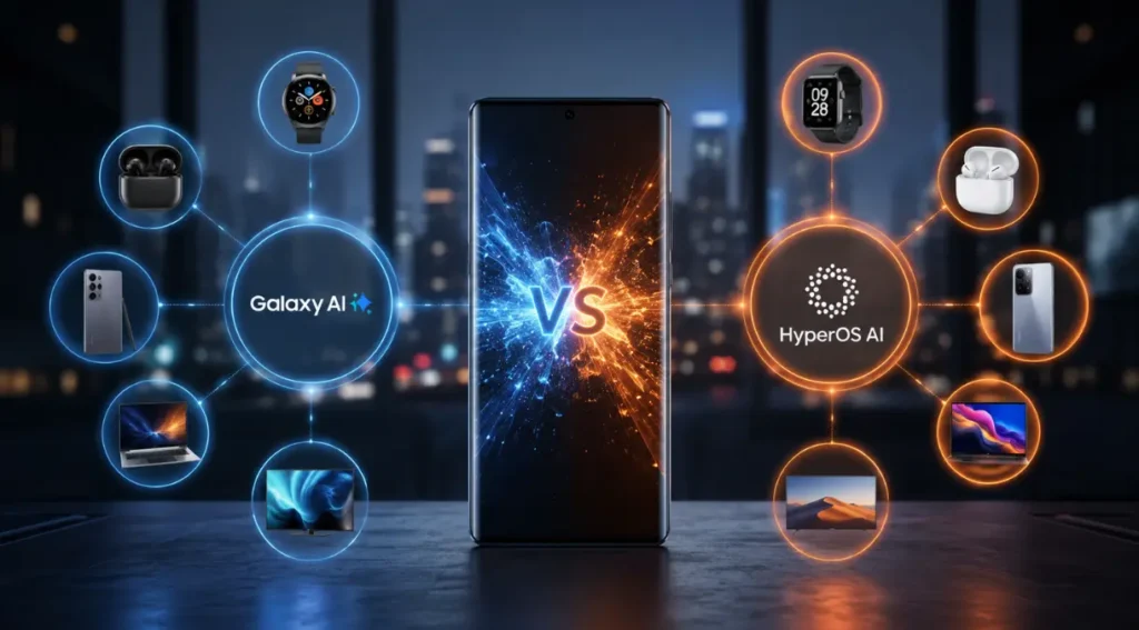 Galaxy AI vs HyperOS AI: Qual Inteligência Artificial é Melhor em 2026? 6 ecossistema Galaxy AI vs HyperOS integração dispositivos 2026