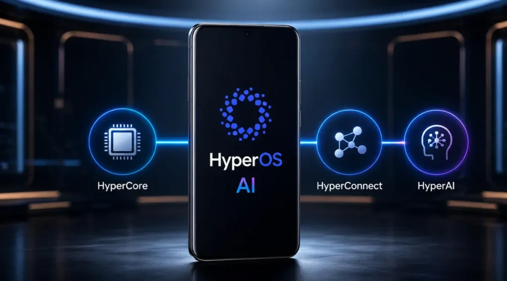 HyperOS AI: O Guia Completo da IA da Xiaomi em 2026 3 HyperOS pilares HyperCore HyperConnect HyperAI diagrama explicativo
