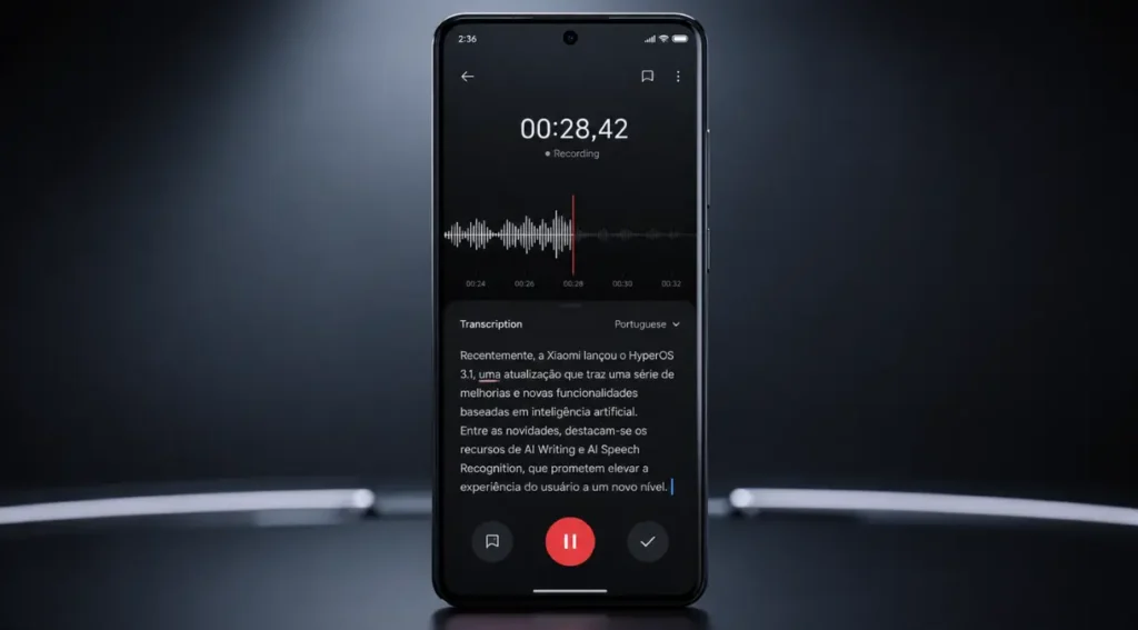 HyperOS AI: O Guia Completo da IA da Xiaomi em 2026 4 HyperOS 3.1 gravador de voz transcrição automática HyperAI