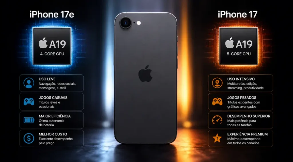 iPhone 17e ou iPhone 17: Qual a Diferença e Qual Vale Mais a Pena em 2026? 4 chip A19 iPhone 17e vs iPhone 17 diferença GPU núcleos desempenho