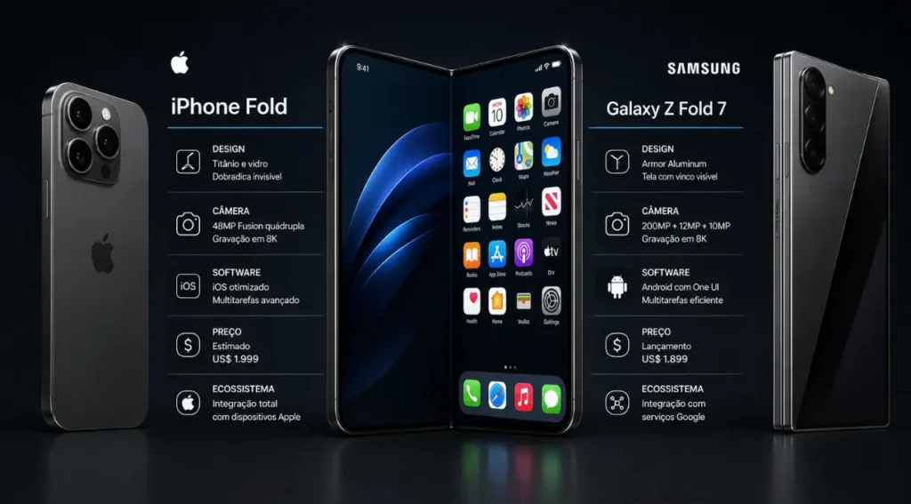 iPhone Fold vs Galaxy Z Fold 7 comparação completa 2026