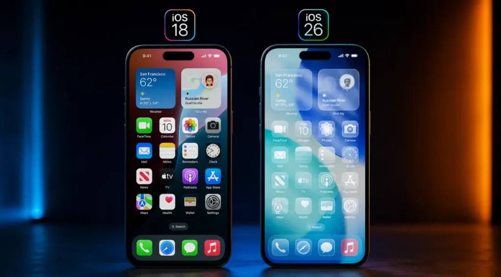 comparação design iOS 18 iOS 26 Liquid Glass