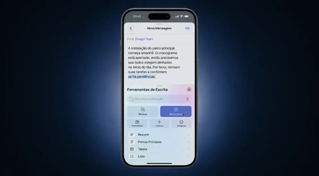 Apple Intelligence ferramentas escrita iPhone iOS 26