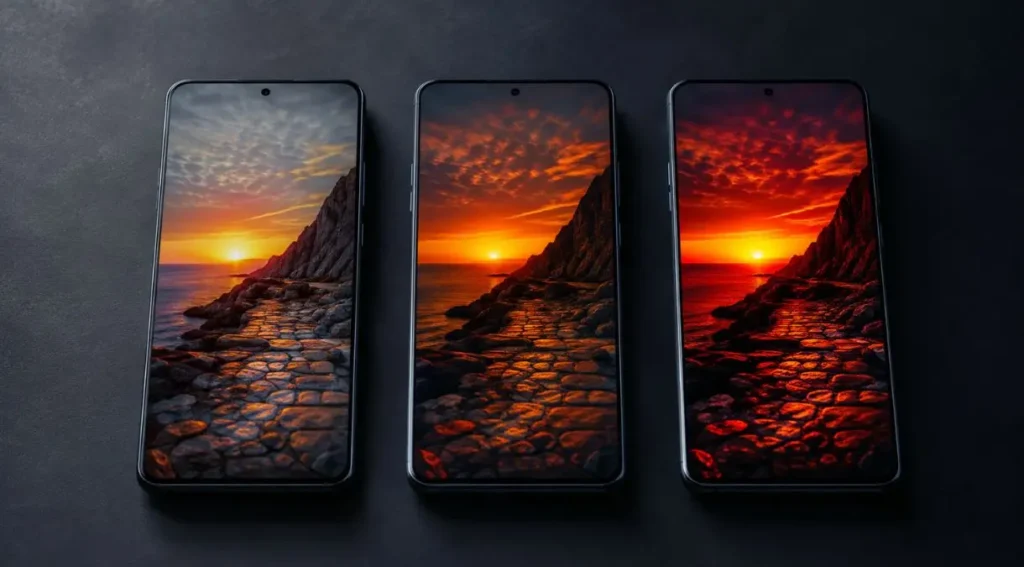 comparação visual LCD AMOLED pOLED smartphone mesma imagem