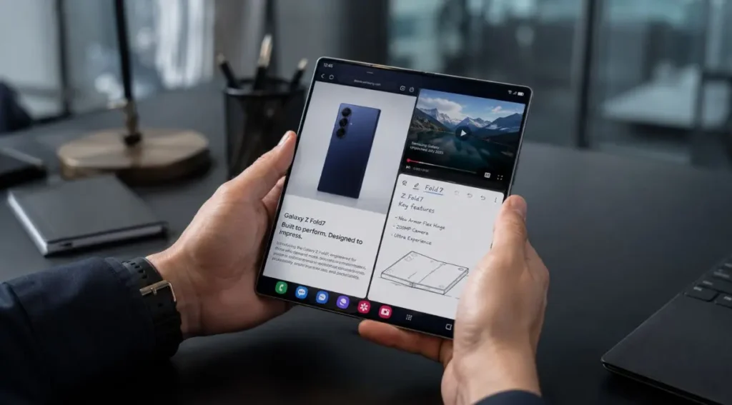 Galaxy Z Fold 7: Review Completo do Dobrável da Samsung em 2026 6 Galaxy Z Fold 7 multitarefa escritório produtividade tela interna