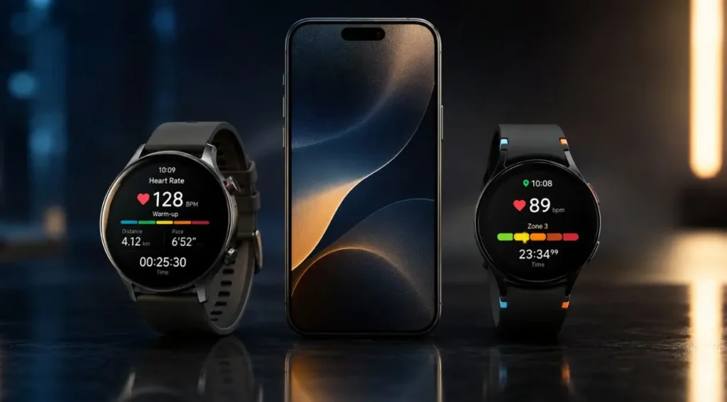 tela Amazfit GTR 4 vs Samsung Galaxy Watch FE interface comparação