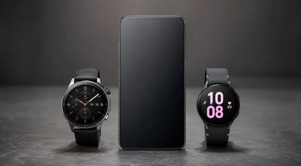 Foto lado a lado do Amazfit GTR 4 e Samsung Galaxy Watch FE sobre superfície neutra, mostrando diferença de tamanho e design 