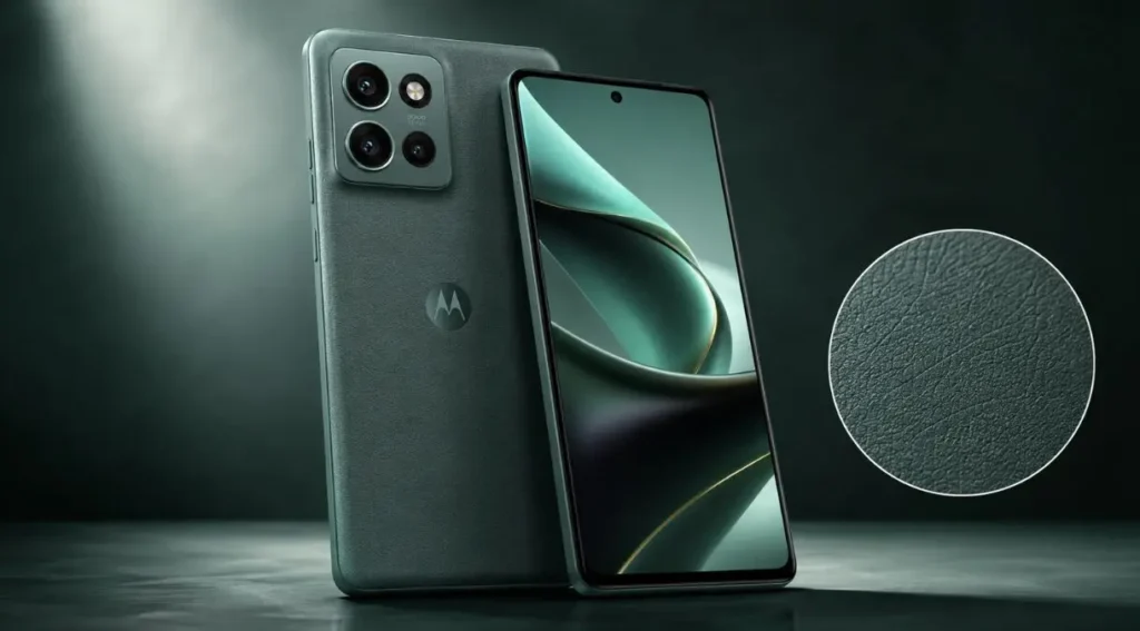 Motorola Moto G77: o equilíbrio entre custo e desempenho em 2026 3 Moto G77 acabamento traseira textura couro verde escuro detalhe