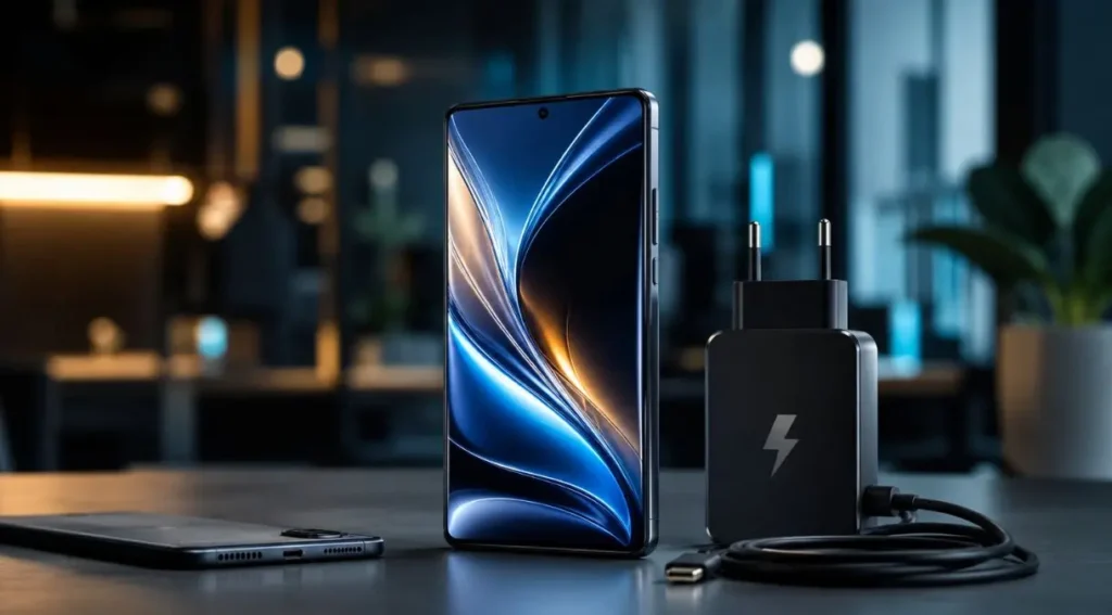 Bateria de Silício-Carbono: O Que É, Como Funciona e Por Que Muda Tudo 2 celular com bateria de silício-carbono carregando rápido mesa