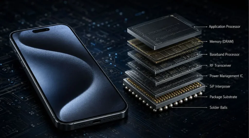System in Package: O Que É e Por Que Define os Smartphones de 2026 2 system in package diagrama corte dies empilhados smartphone