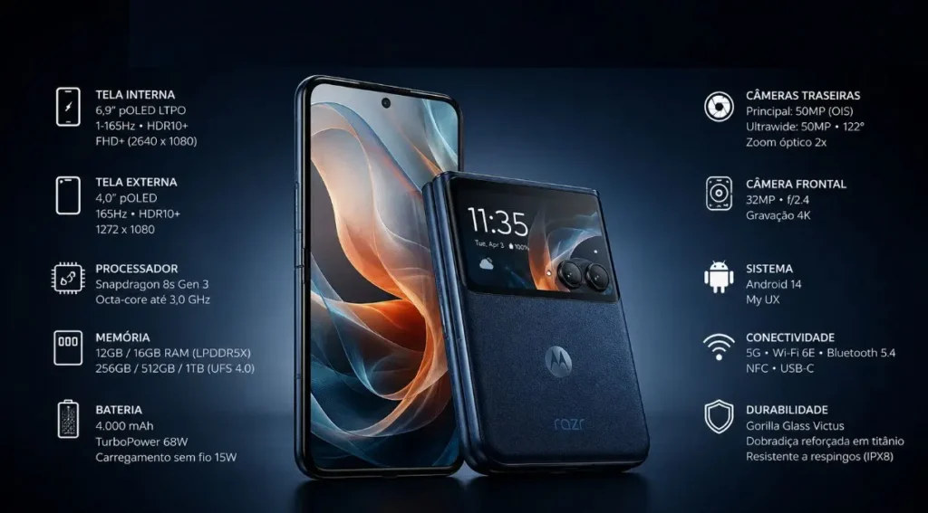 Moto Razr 70 Ultra: o retorno do smartphone dobrável premium da Motorola 6 especificações técnicas Motorola Razr 70 Ultra 2026 infográfico