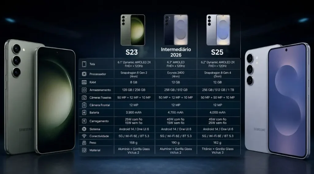 Samsung S23 em 2026: Vale a Pena Comprar Hoje? 3 comparativo samsung s23 s25 intermediario 2026