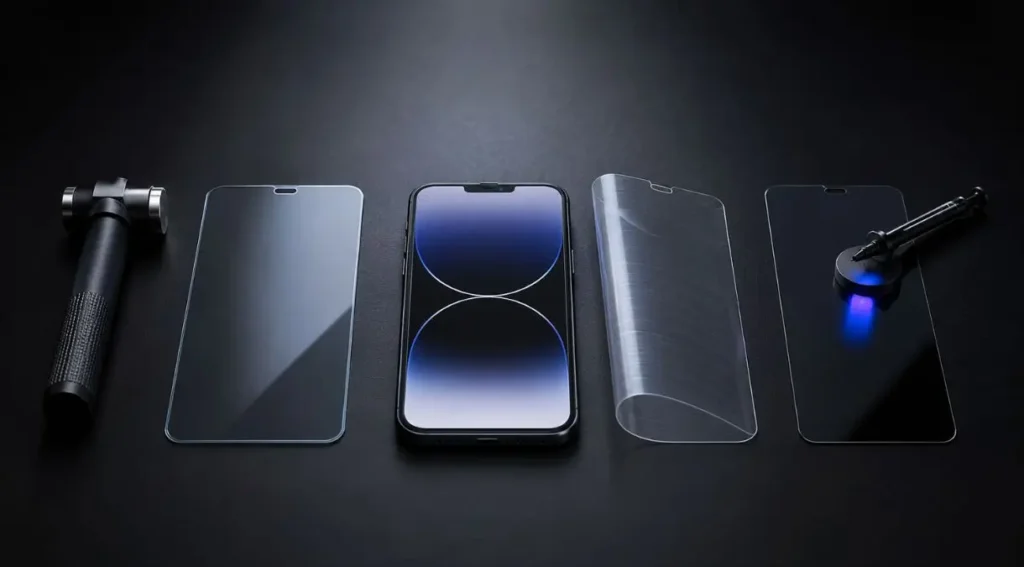 Tutorial de Aplicação de Película: Guia Completo 2026 3 tipos de película celular vidro temperado TPU UV comparativo