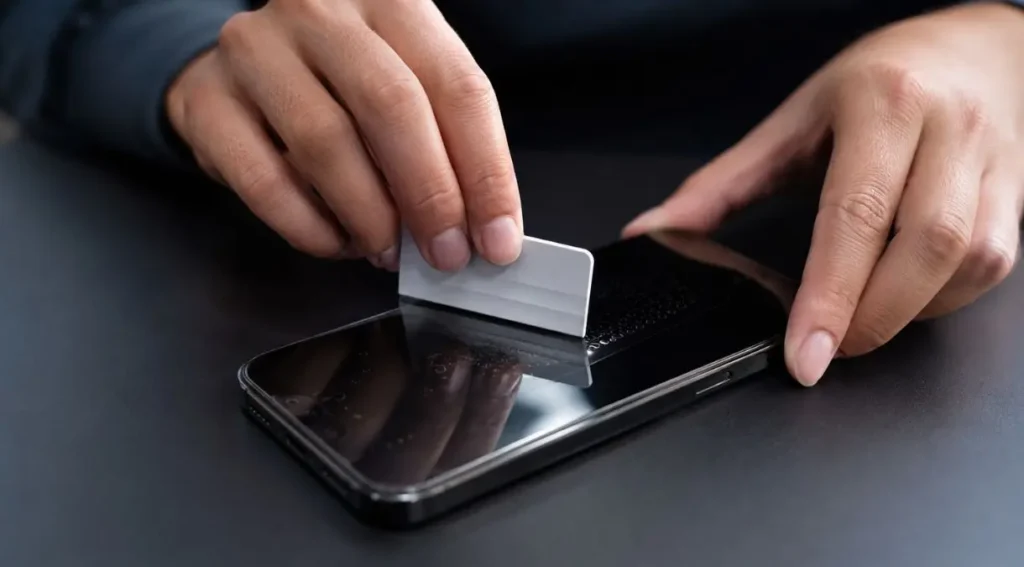 Tutorial de Aplicação de Película: Guia Completo 2026 5 aplicar película celular sem bolhas espátula pressionar borda