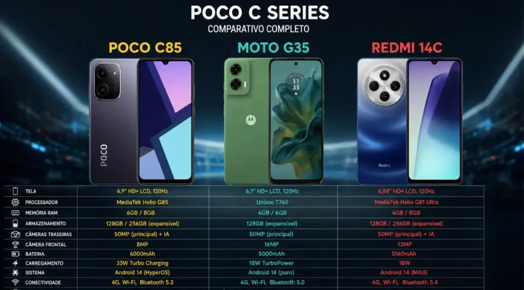 Poco C Series 2026: Guia Completo dos Melhores Modelos de Entrada 5 comparativo poco c85 moto g35 redmi 14c celulares entrada 2026