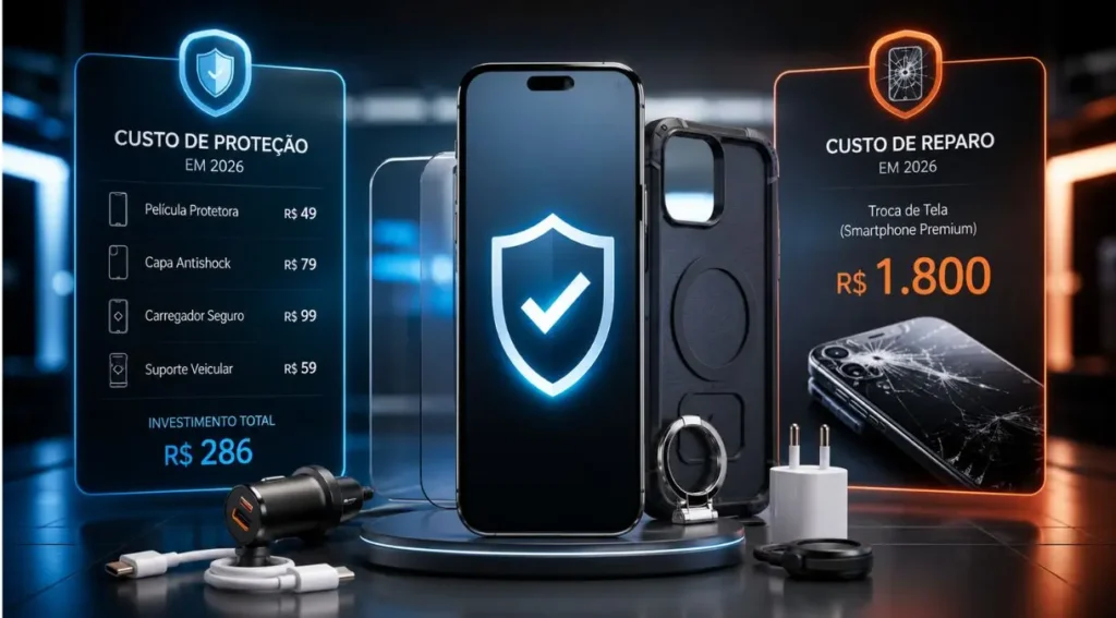 Acessórios Essenciais para Celular em 2026: Guia Completo 3 custo proteção celular vs reparo tela smartphone Brasil 2026
