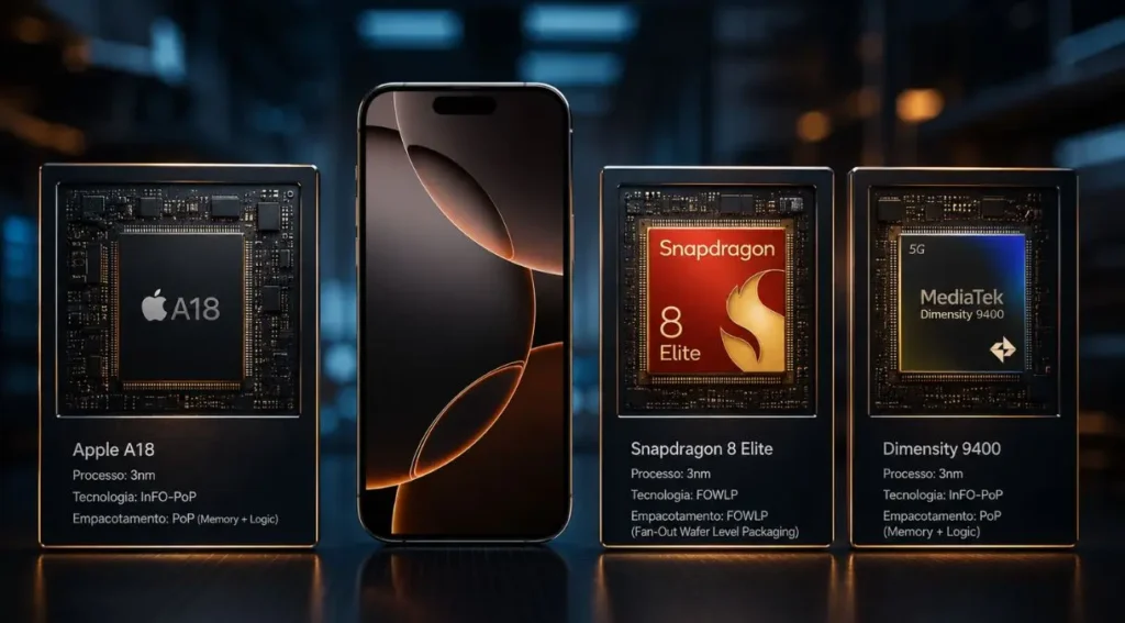 System in Package: O Que É e Por Que Define os Smartphones de 2026 5 comparação chips flagship 2026 apple snapdragon mediatek system in package