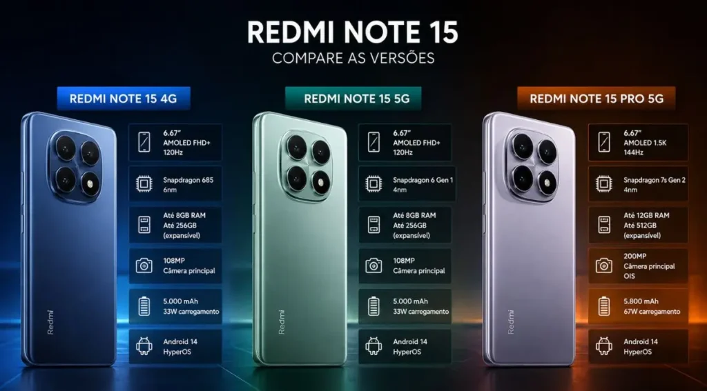 Xiaomi Redmi e POCO: Guia Completo dos Melhores Celulares, Modelos e Diferenças 3 comparação Redmi Note 15 4G 5G Pro especificações 2026