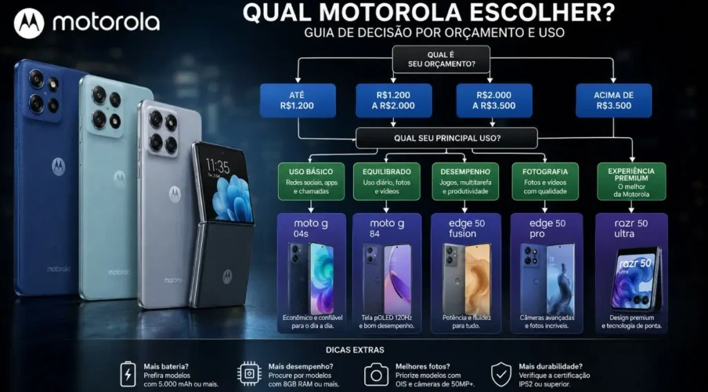 Motorola Guia Completo 2026: Modelos, Recursos, Comparações e Tudo Sobre a Marca 7 fluxograma como escolher celular motorola 2026