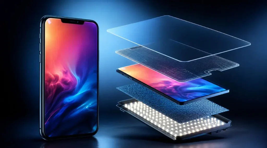Tela de Smartphone: Guia Completo Sobre Tecnologias, Tipos e Como Escolher a Melhor 2 camadas tela smartphone diagrama corte transversal