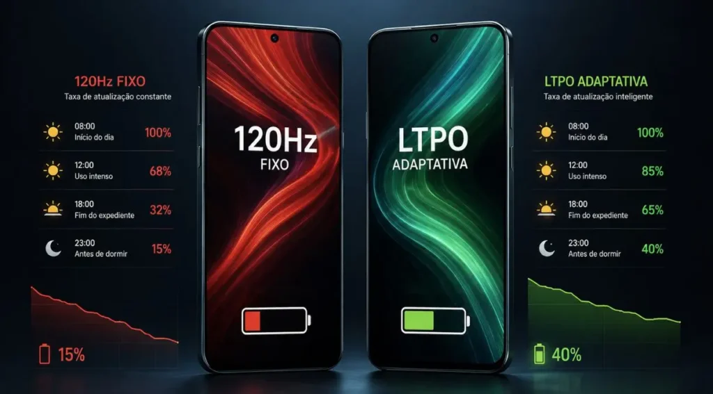 Tela de Smartphone: Guia Completo Sobre Tecnologias, Tipos e Como Escolher a Melhor 3 comparação consumo bateria taxa atualização adaptativa LTPO