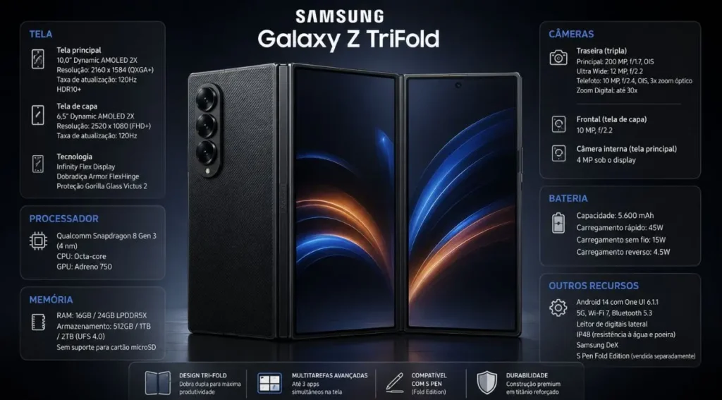 Samsung Galaxy Z TriFold: Preço, Recursos e Rumores 3 ficha técnica galaxy z trifold especificações