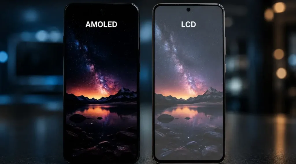 AMOLED vs OLED vs LCD: Diferenças, Vantagens e Qual Escolher em 2026 3 comparação preto AMOLED versus LCD celular
