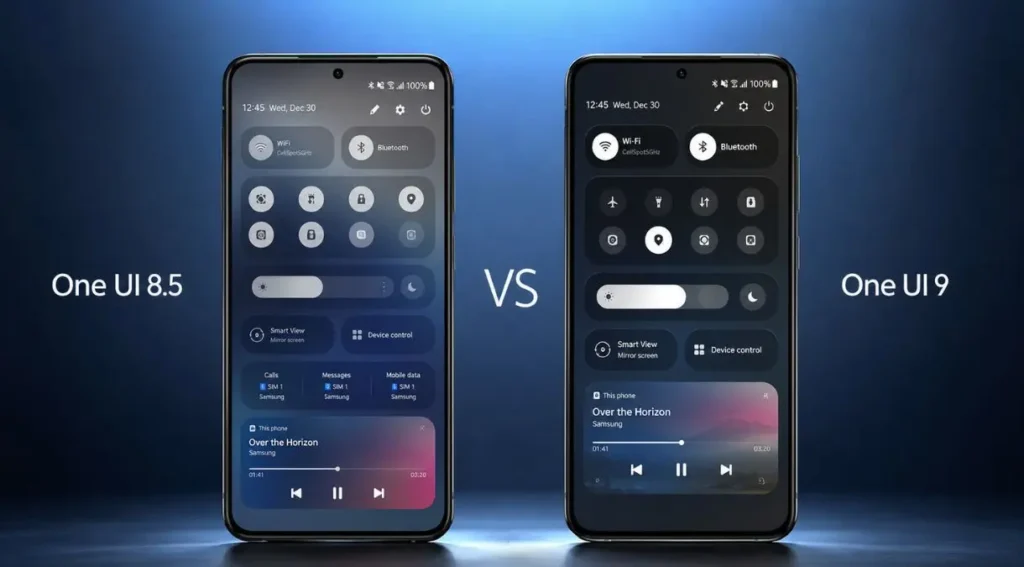 One UI 9: Novidades, Recursos e Data de Lançamento da Nova Interface da Samsung 4 comparacao painel rapido one ui 8 5 one ui 9