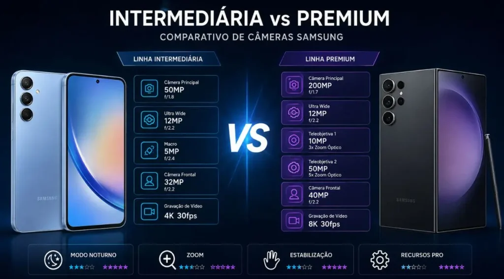 Celulares que Todo Mundo Está Comprando em 2026 3 comparação câmera Galaxy A56 Galaxy S25 FE