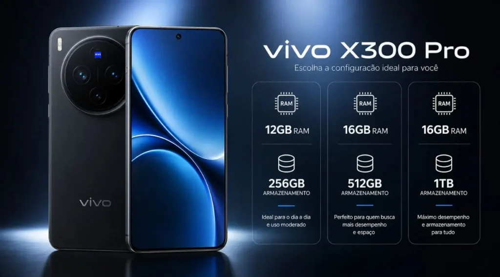 Vivo X300 Pro: Especificações, Preço e Vale a Pena em 2026? 3 configurações RAM armazenamento Vivo X300 Pro comparação