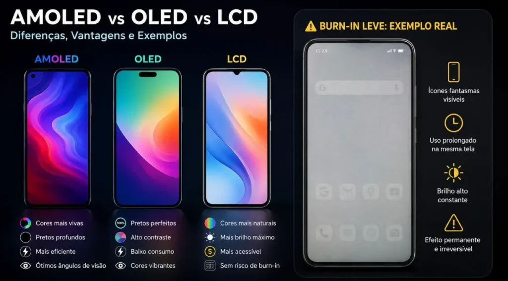 AMOLED vs OLED vs LCD: Diferenças, Vantagens e Qual Escolher em 2026 4 burn-in queima de tela AMOLED exemplo