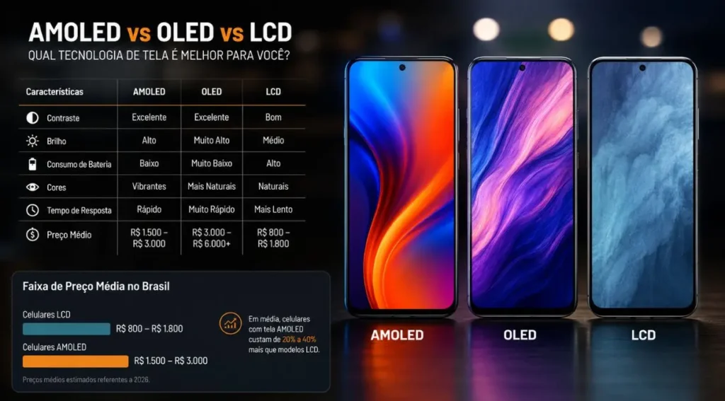AMOLED vs OLED vs LCD: Diferenças, Vantagens e Qual Escolher em 2026 5 diferença preço celular AMOLED LCD Brasil