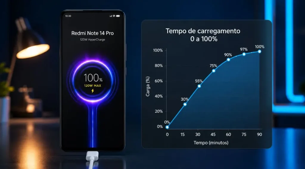 Redmi Note 14 Pro: Preço, Ficha Técnica, Câmera e Análise Completa do Smartphone Xiaomi 4 tempo carregamento 45W Redmi Note 14 Pro gráfico