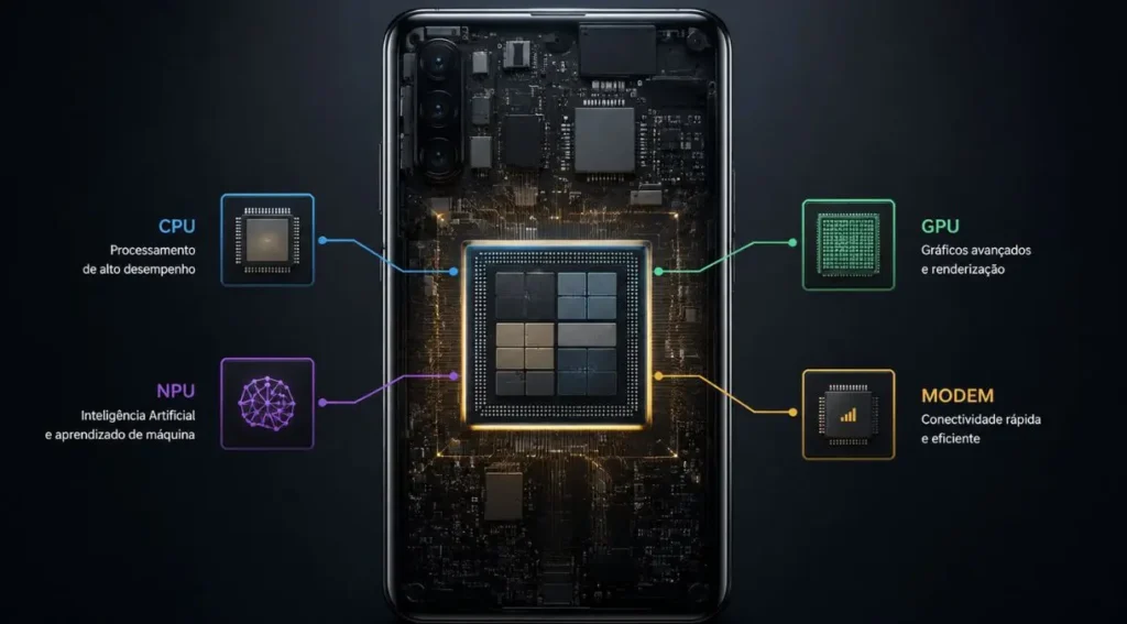 Qual o Melhor Processador de Celular em 2026? Ranking dos Mais Potentes 2 componentes processador celular CPU GPU NPU modem