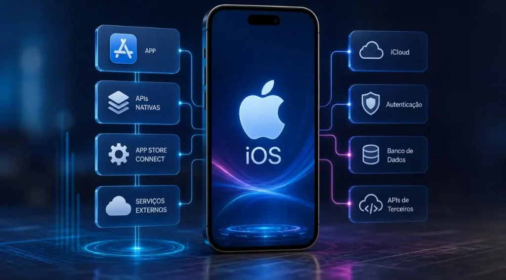 Integração iOS: Guia Completo para Conectar Aplicativos, APIs e Sistemas 2 diagrama camadas integração iOS aplicativo API