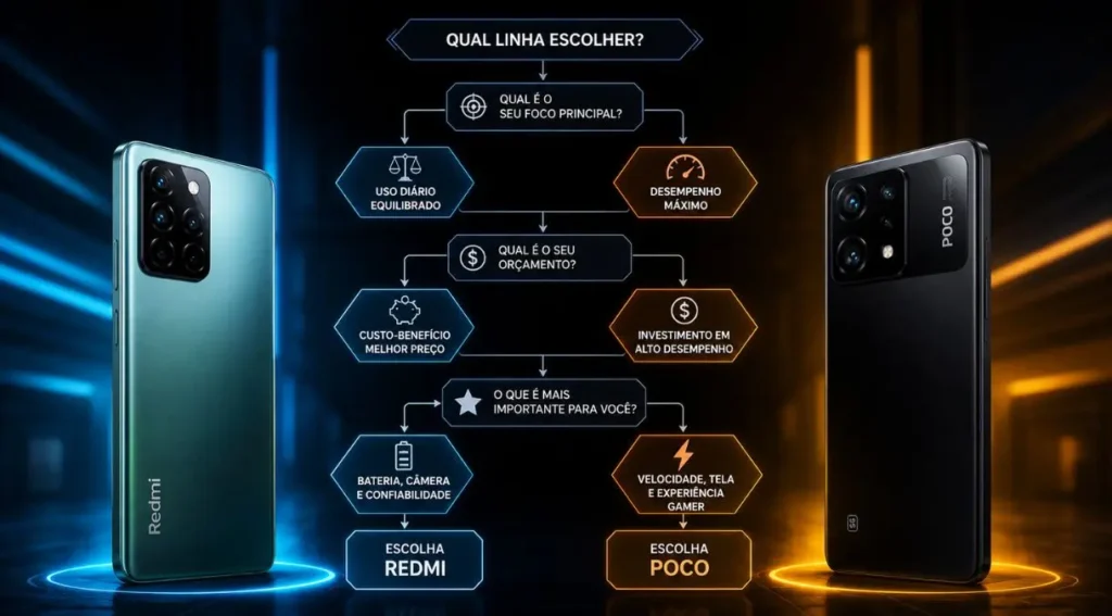 Xiaomi Redmi e POCO: Guia Completo dos Melhores Celulares, Modelos e Diferenças 4 fluxograma como escolher entre Redmi e POCO 2026