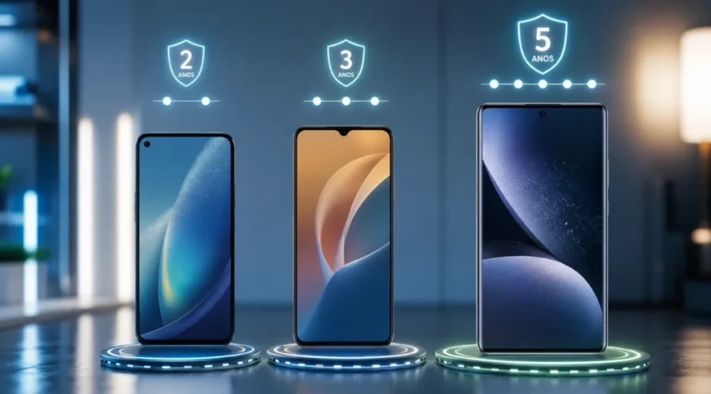 smartphones com diferentes períodos de suporte de software