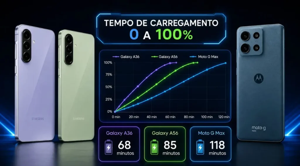 tempo carregamento bateria Galaxy A vs Moto G