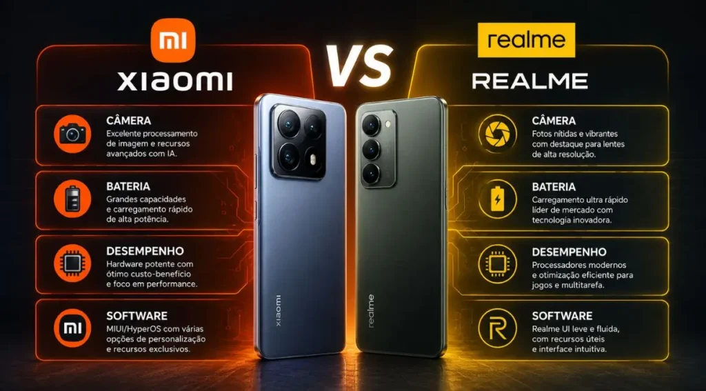 infográfico xiaomi vs realme pontos fortes 2026