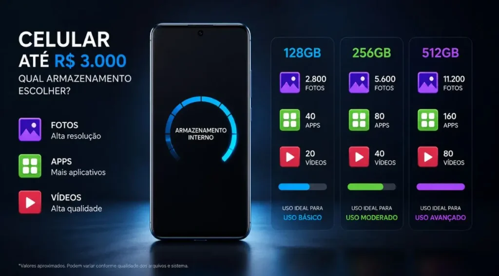 comparação armazenamento celular 128gb 256gb 512gb
