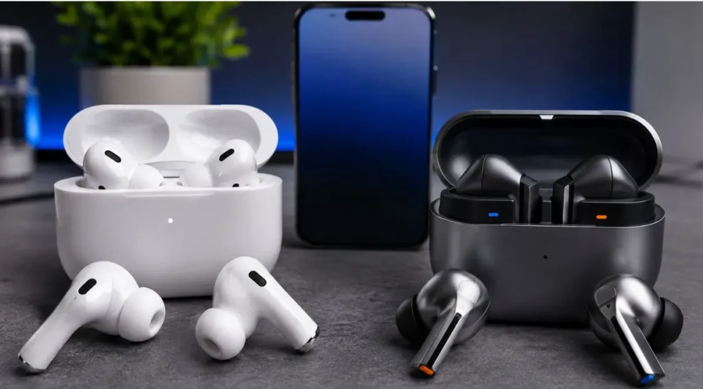 comparação airpods pro 3 e galaxy buds4 pro estojos abertos