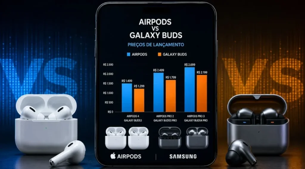 grafico comparativo precos airpods galaxy buds 2026