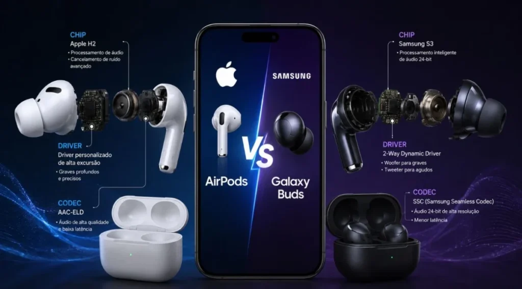 comparativo tecnico audio airpods galaxy buds