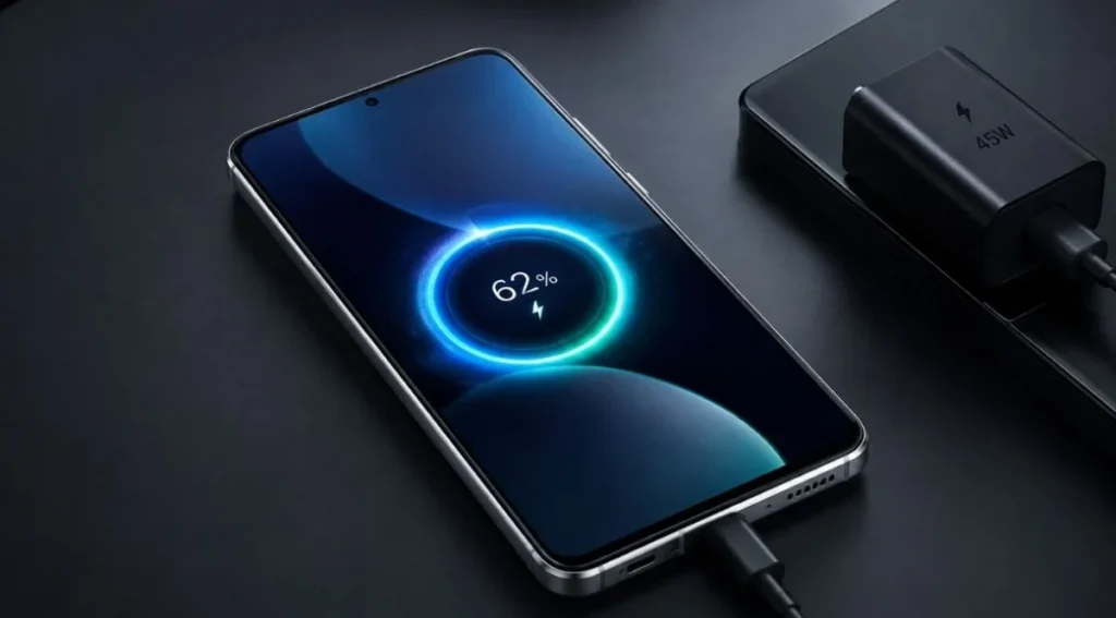Galaxy S26 FE: preço, ficha técnica, câmeras e vale a pena? 7 Galaxy S26 FE carregando com carregador de 45 W
