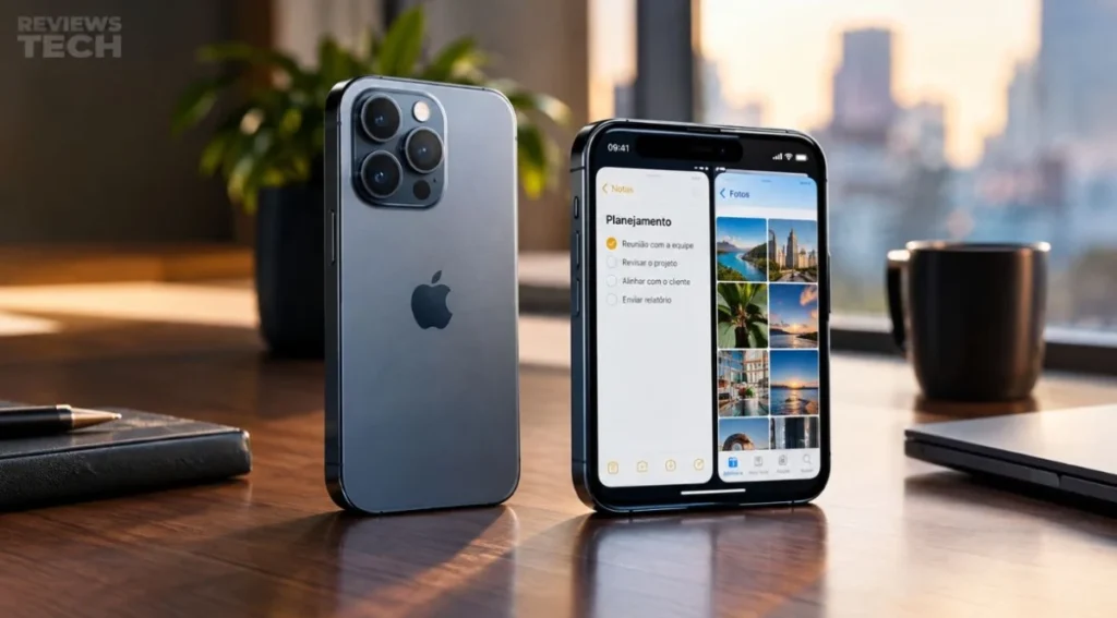 iPhone Duo: preço, ficha técnica e lançamento no Brasil 4 Tela interna de 7,6 polegadas do iPhone Duo exibindo dois aplicativos simultaneamente