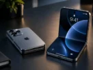 iPhone Duo aberto e fechado com tela interna de 7,6 polegadas e tela externa de 5,4 polegadas