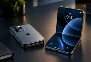 iPhone Duo aberto e fechado com tela interna de 7,6 polegadas e tela externa de 5,4 polegadas