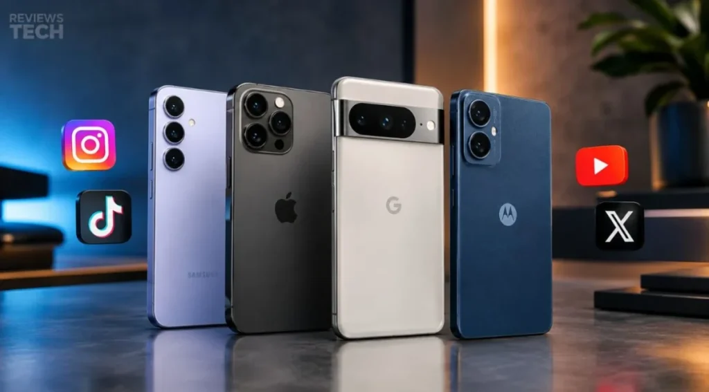 Melhor Celular para Redes Sociais 4 Comparação visual entre quatro modelos de celular recomendados para redes sociais em 2026.